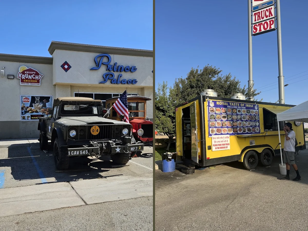 Outdoor seating beside a Bakersfield restaurant.